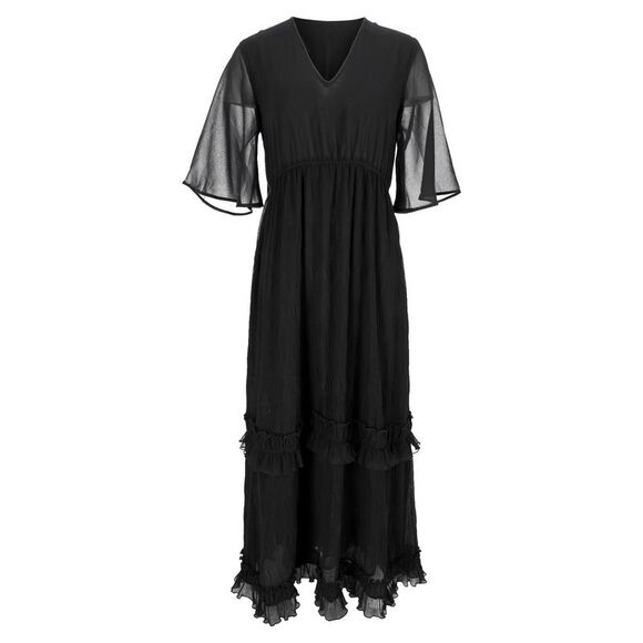 Ganni V-Neck Pleated Maxi Dress in Black Polyester